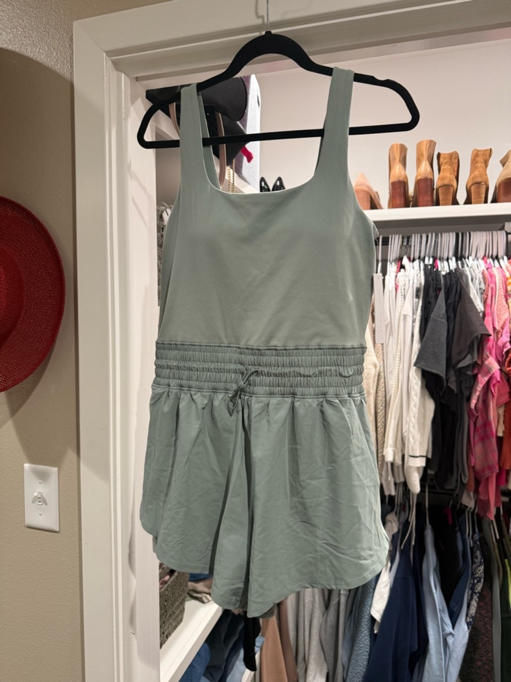 Yogalicious Sage Green Tank Romper with Drawstring Waist
